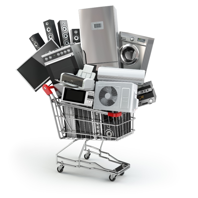 Home appliances in the shopping cart. E-commerce